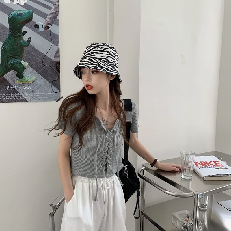 Short Sleeve Square Neck Plain Ribbed Lace Up Top