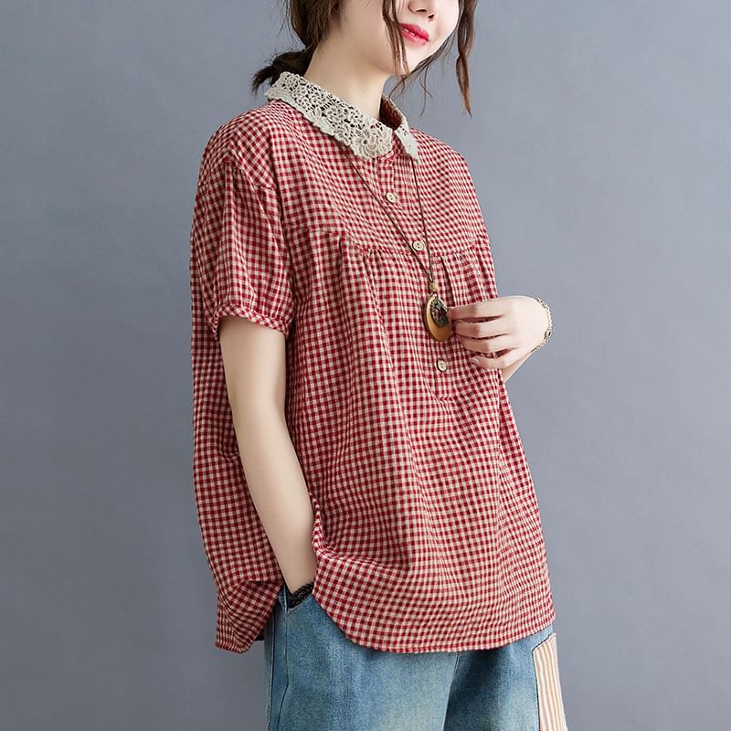 Short-Sleeve Henley Gingham Lace Trim Shirt