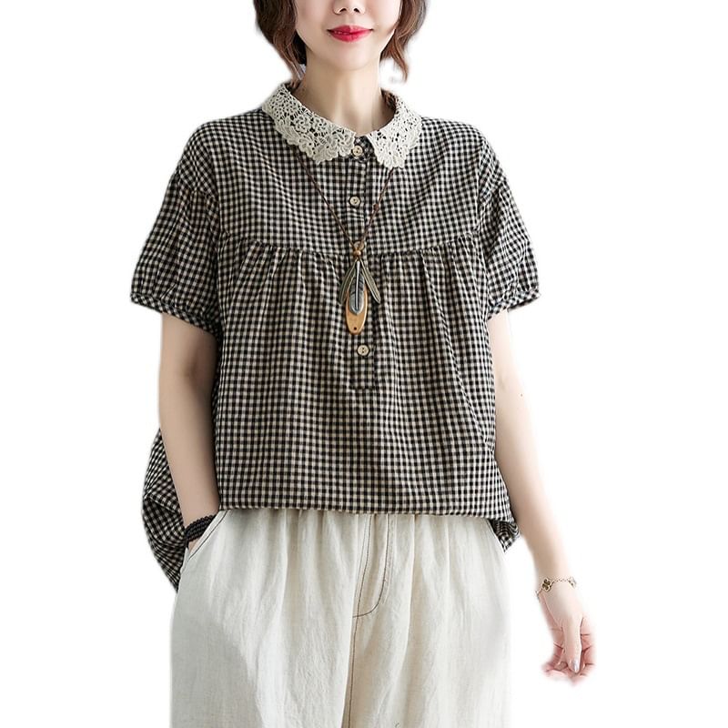 Short-Sleeve Henley Gingham Lace Trim Shirt