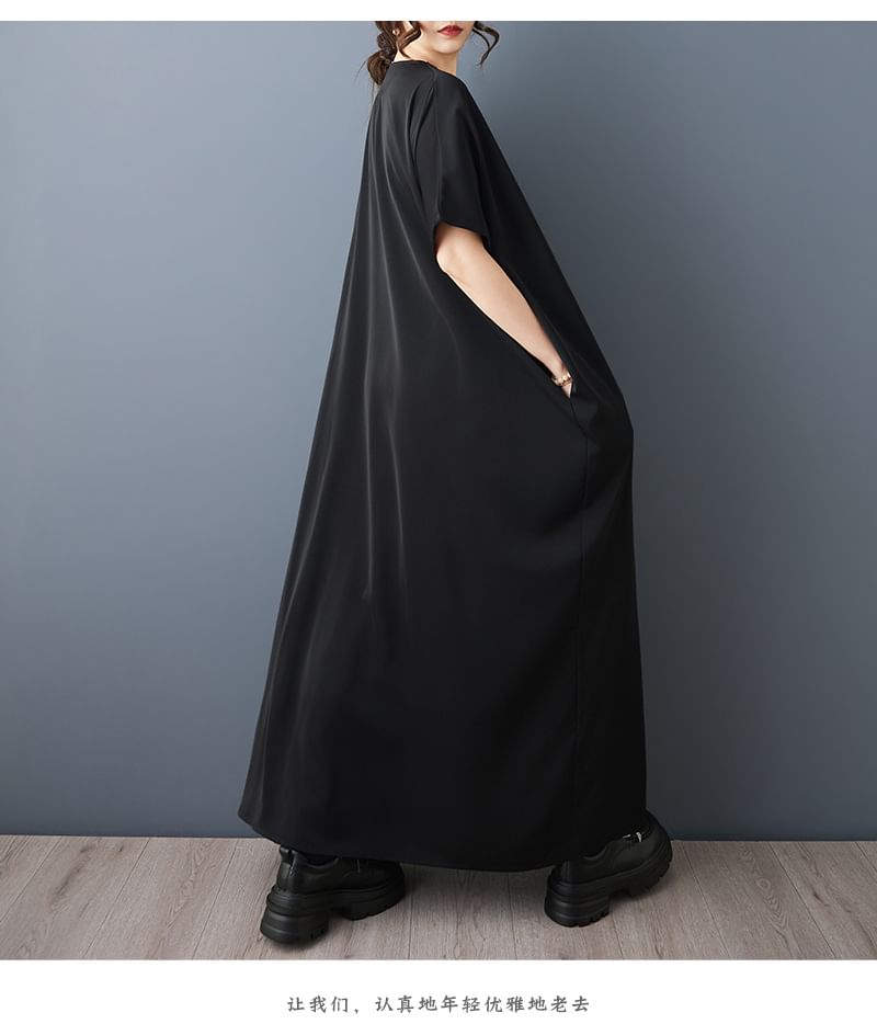 Short-Sleeve V-Neck Plain Maxi Smock Dress