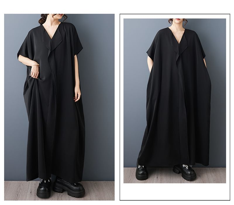 Short-Sleeve V-Neck Plain Maxi Smock Dress