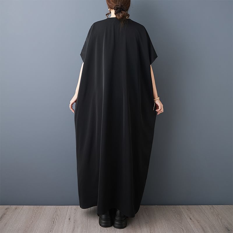 Short-Sleeve V-Neck Plain Maxi Smock Dress