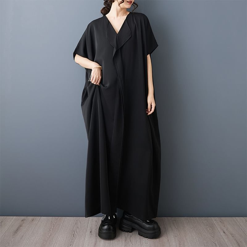 Short-Sleeve V-Neck Plain Maxi Smock Dress