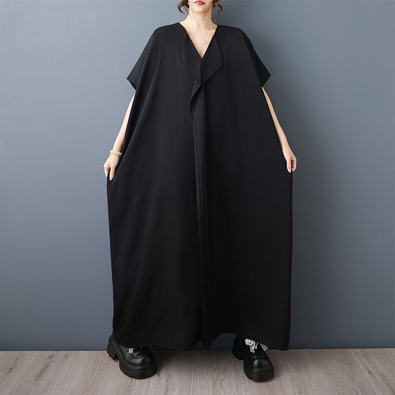 Short-Sleeve V-Neck Plain Maxi Smock Dress