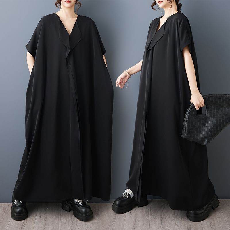 Short-Sleeve V-Neck Plain Maxi Smock Dress