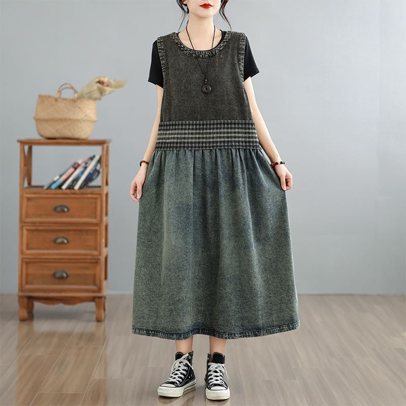 Sleeveless Round Neck Patchwork Washed Denim Maxi Smock Dress