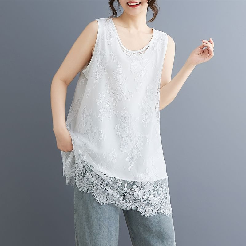 Scoop Neck Plain Lace Panel Tank Top