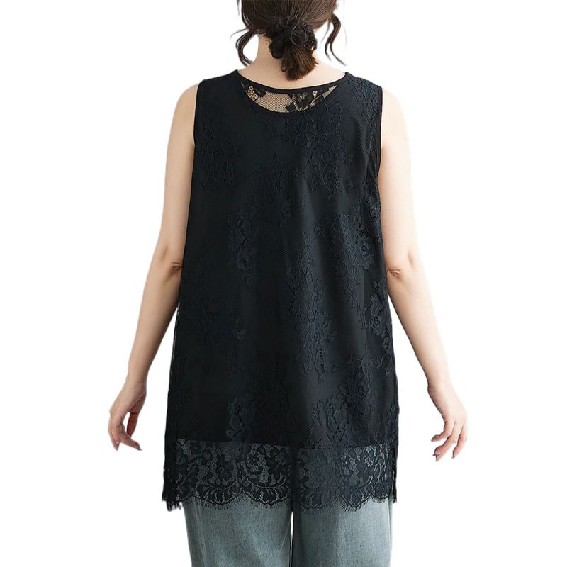 Scoop Neck Plain Lace Panel Tank Top