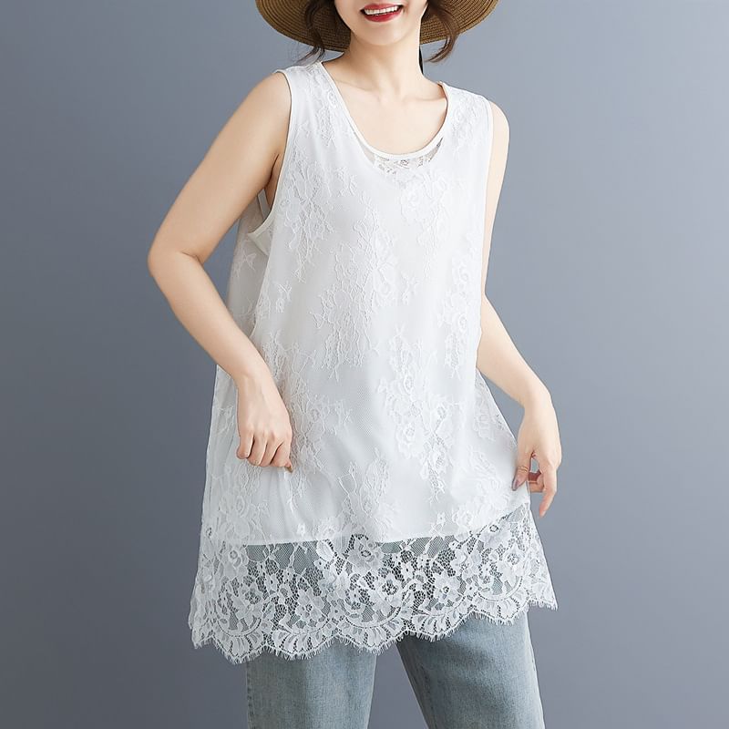 Scoop Neck Plain Lace Panel Tank Top