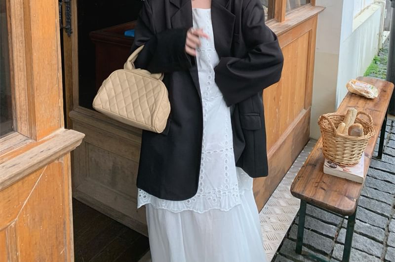Lapel Collar Plain Button Up Blazer / Crochet Panel Maxi A-Line Dress