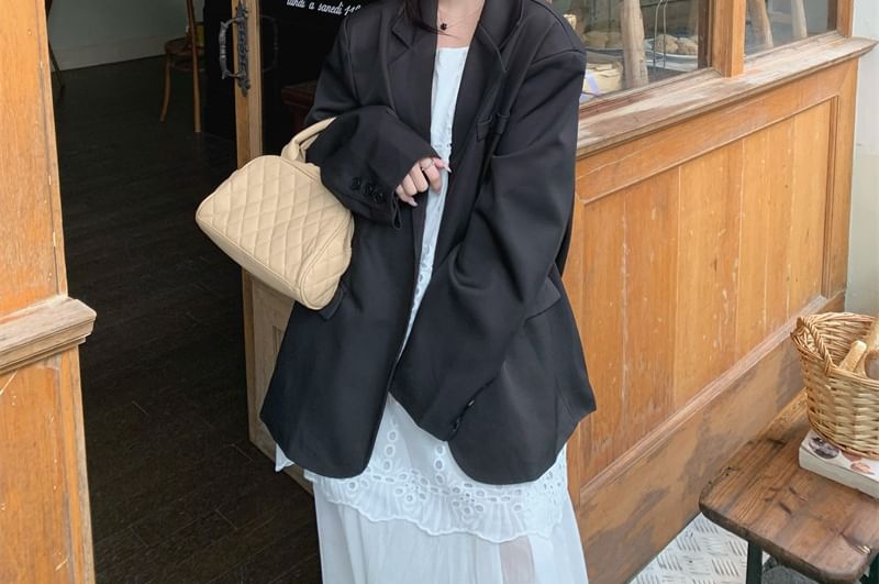 Lapel Collar Plain Button Up Blazer / Crochet Panel Maxi A-Line Dress