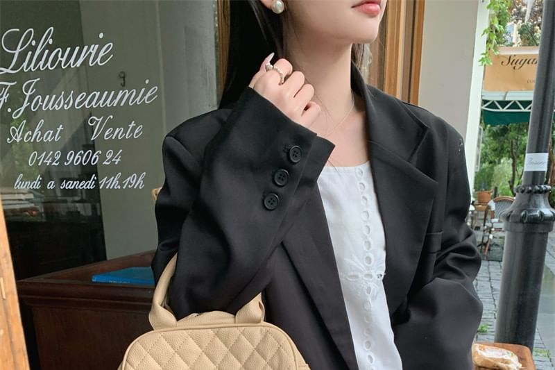 Lapel Collar Plain Button Up Blazer / Crochet Panel Maxi A-Line Dress