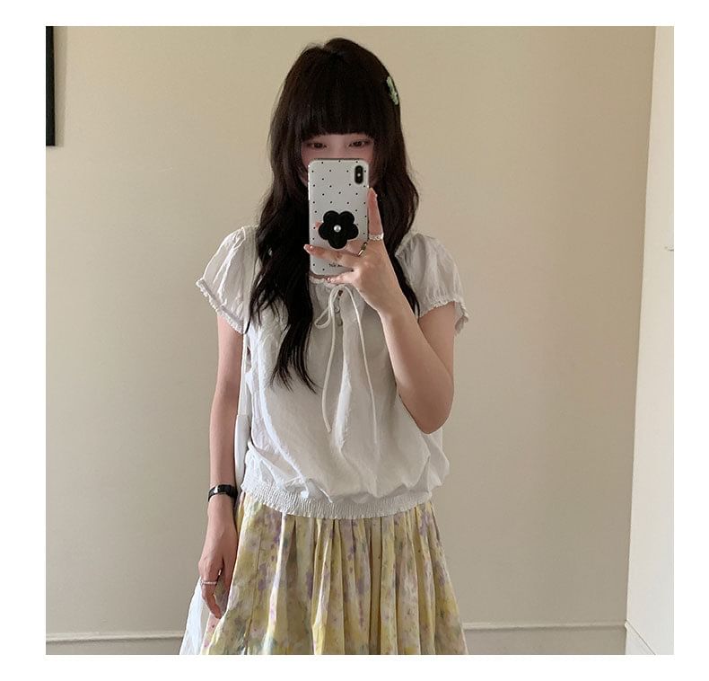 Frilled Tie-Neck Short-Sleeve Blouse