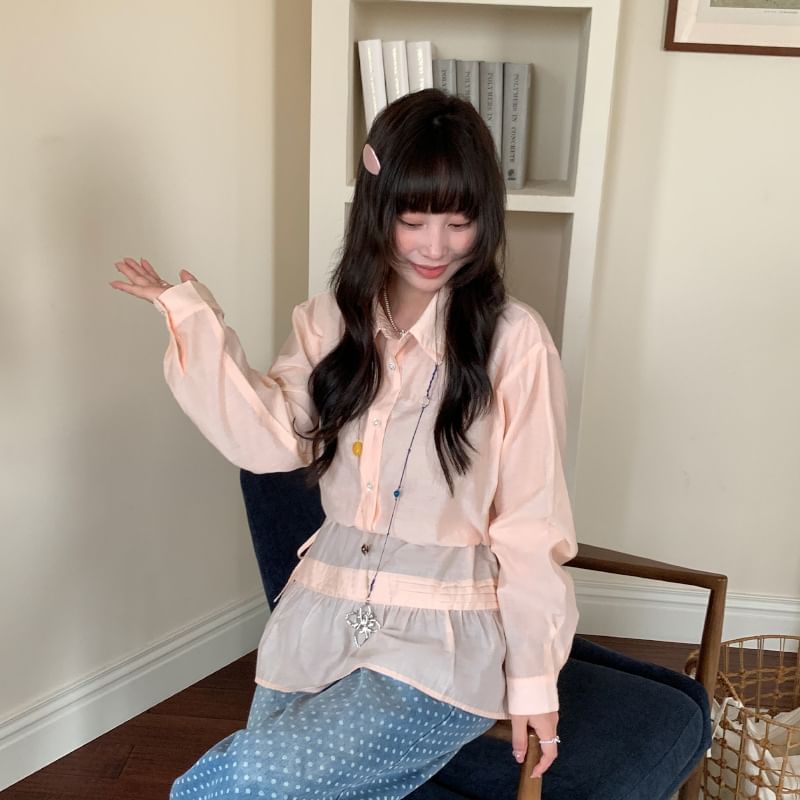 Long Sleeve Collared Shirt with Tie-Waist Overlay Skirt Set