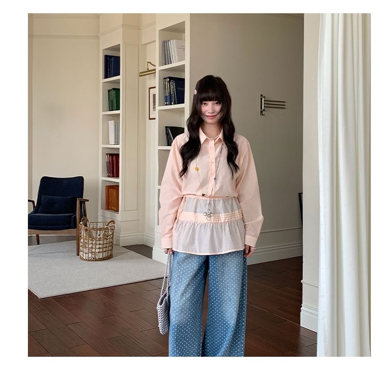 Long Sleeve Collared Shirt with Tie-Waist Overlay Skirt Set