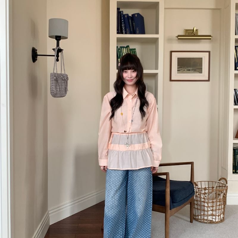 Long Sleeve Collared Shirt with Tie-Waist Overlay Skirt Set