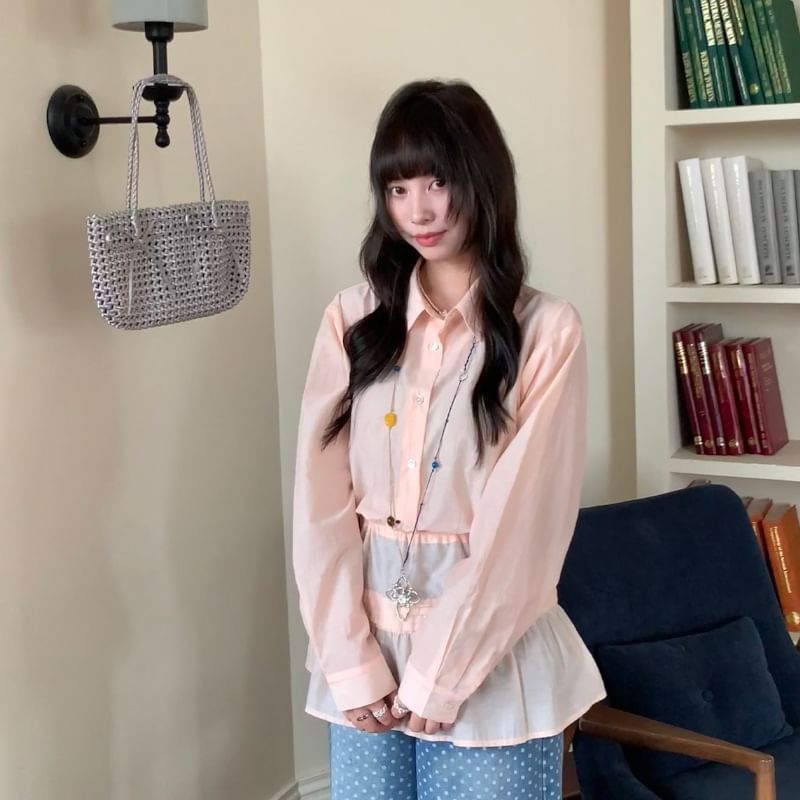 Long Sleeve Collared Shirt with Tie-Waist Overlay Skirt Set