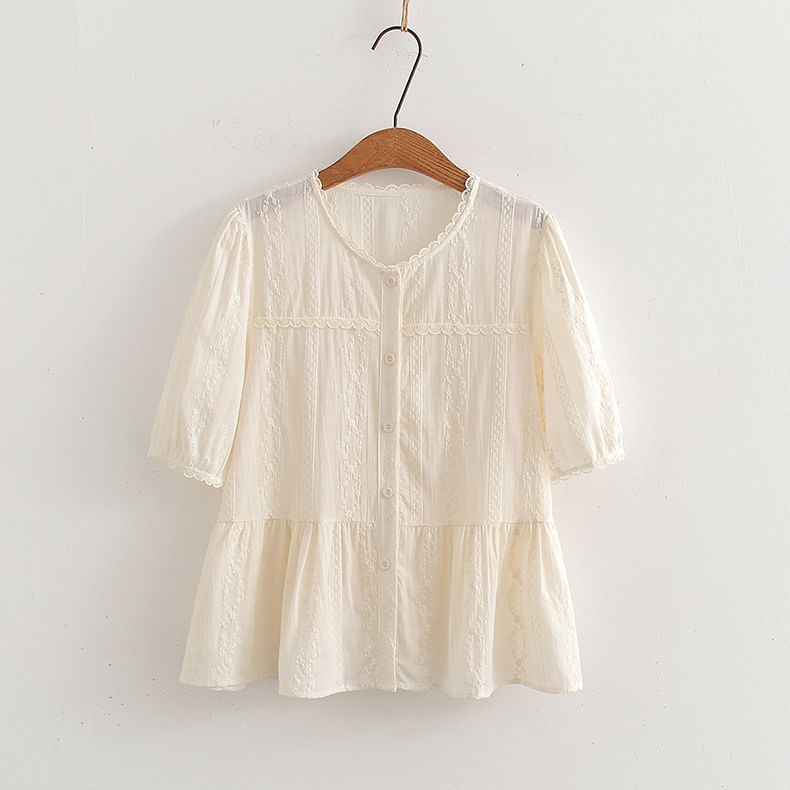 Short-Sleeve U-Neck Plain Crop Blouse