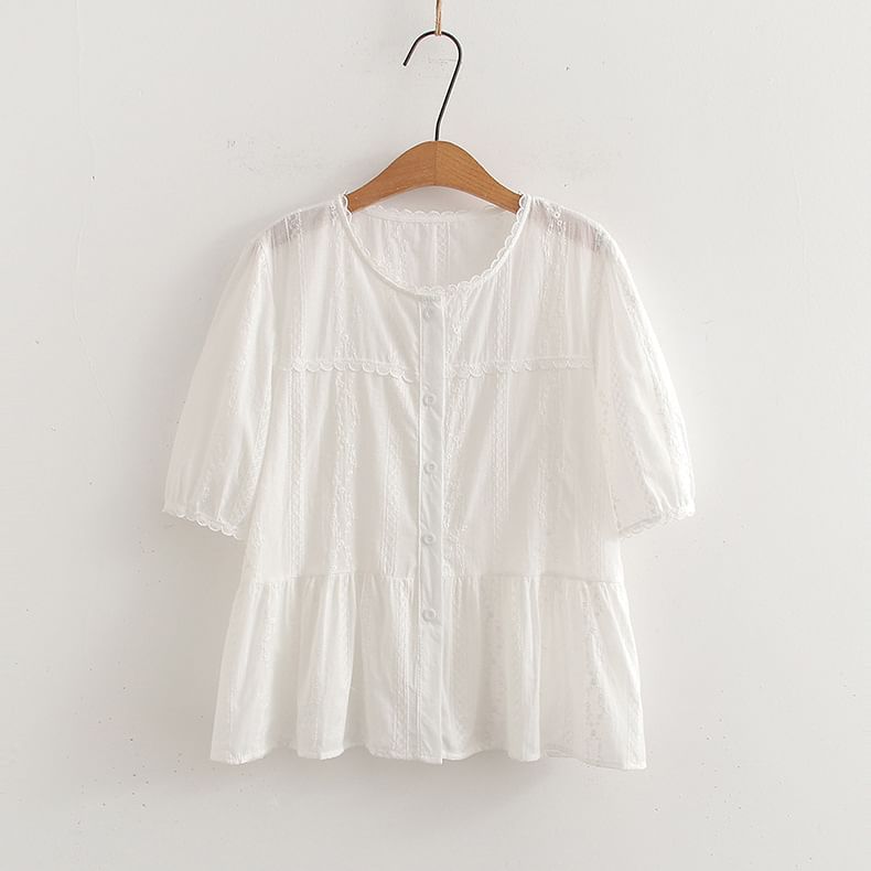 Short-Sleeve U-Neck Plain Crop Blouse