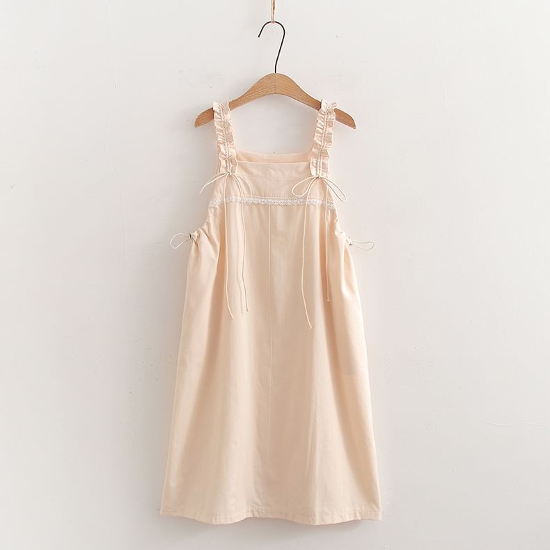 Set: Short-Sleeve Collared Plain Blouse + Spaghetti Strap A-Line Dress