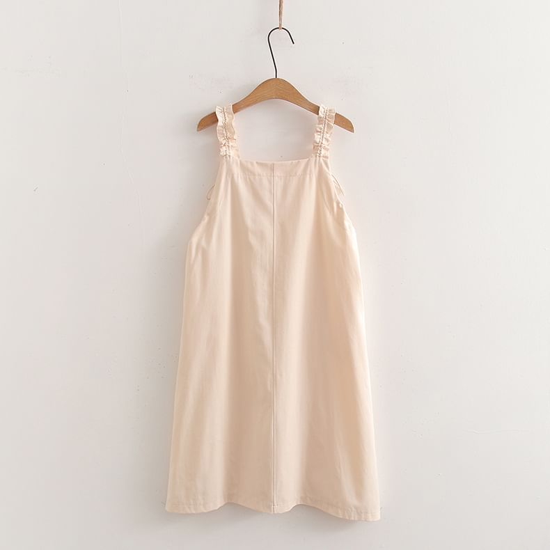 Set: Short-Sleeve Collared Plain Blouse + Spaghetti Strap A-Line Dress