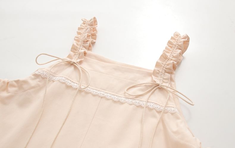 Set: Short-Sleeve Collared Plain Blouse + Spaghetti Strap A-Line Dress