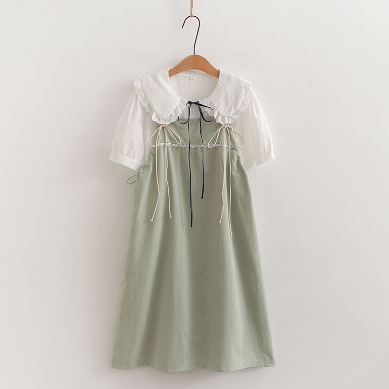 Set: Short-Sleeve Collared Plain Blouse + Spaghetti Strap A-Line Dress