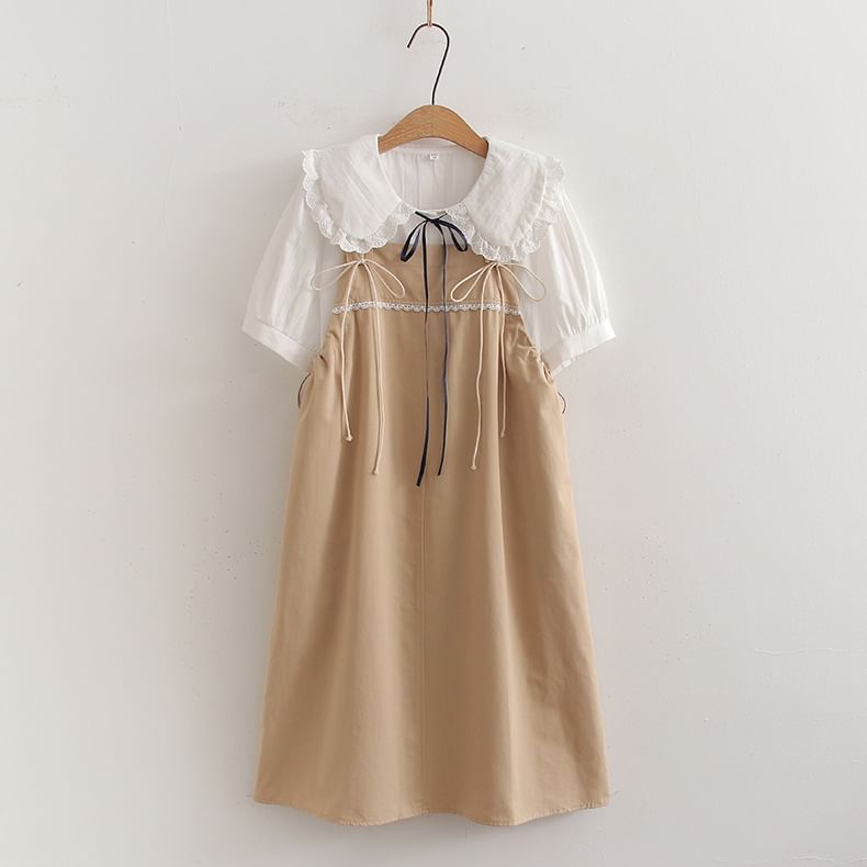 Set: Short-Sleeve Collared Plain Blouse + Spaghetti Strap A-Line Dress