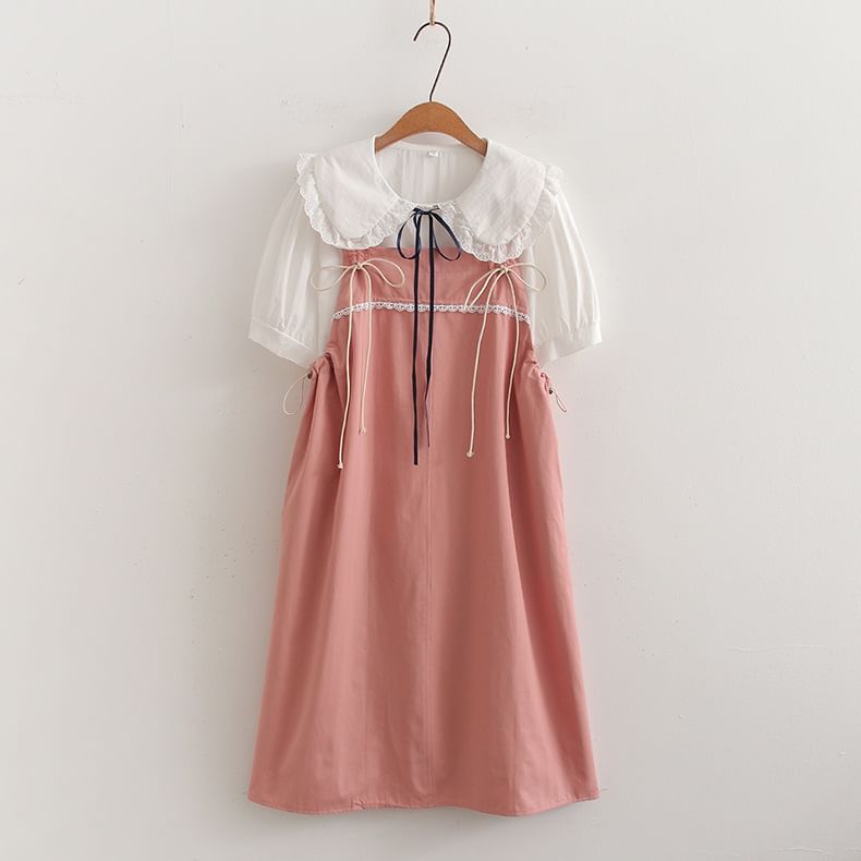 Set: Short-Sleeve Collared Plain Blouse + Spaghetti Strap A-Line Dress