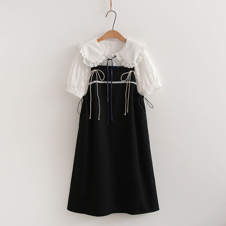 Set: Short-Sleeve Collared Plain Blouse + Spaghetti Strap A-Line Dress