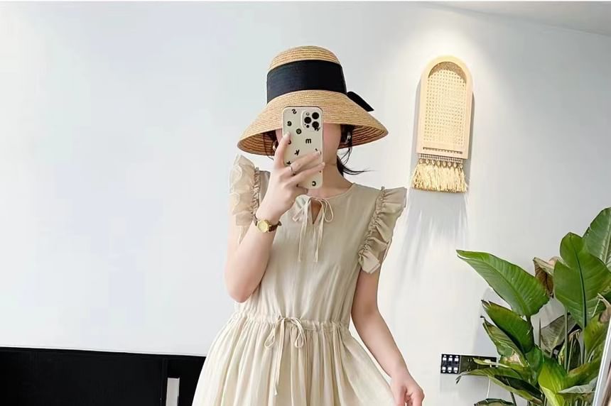 Cap-Sleeve Frill Trim Plain Maxi A-Line Dress