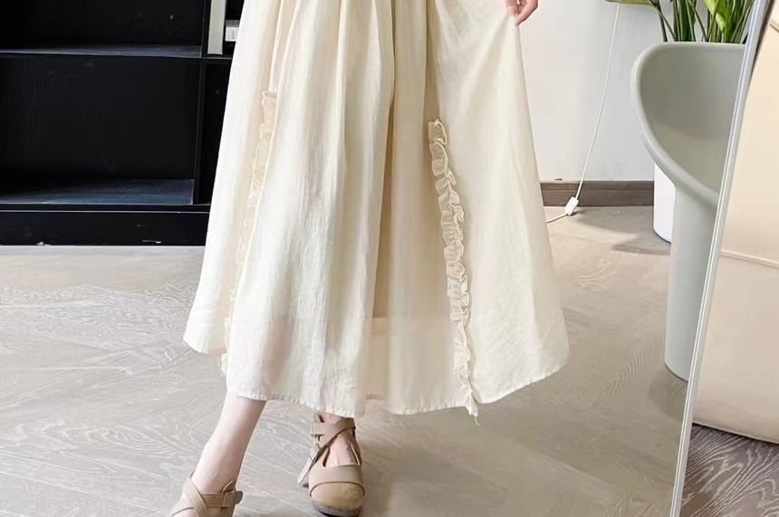 Cap-Sleeve Frill Trim Plain Maxi A-Line Dress