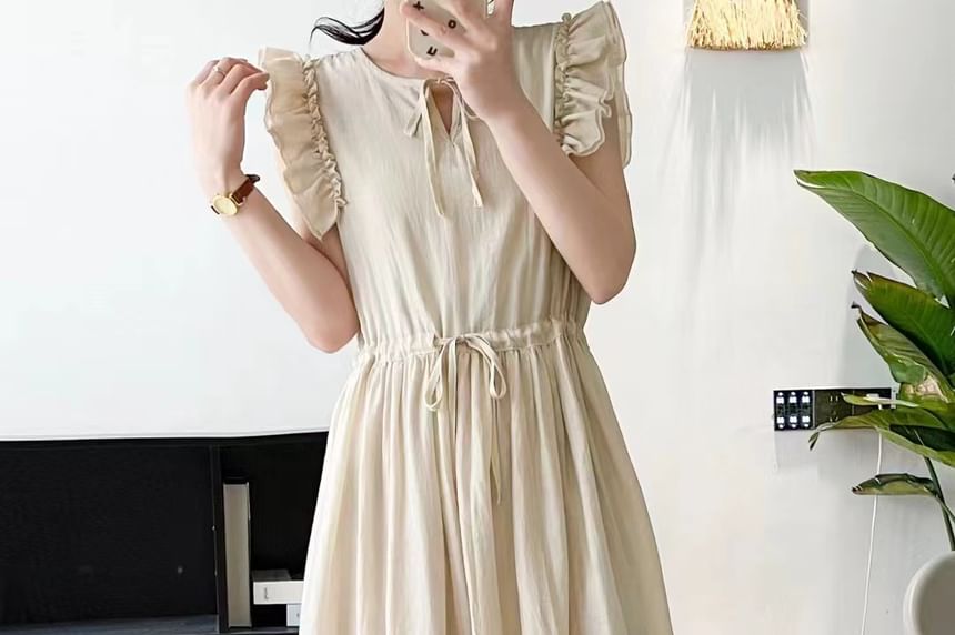 Cap-Sleeve Frill Trim Plain Maxi A-Line Dress