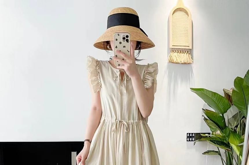 Cap-Sleeve Frill Trim Plain Maxi A-Line Dress