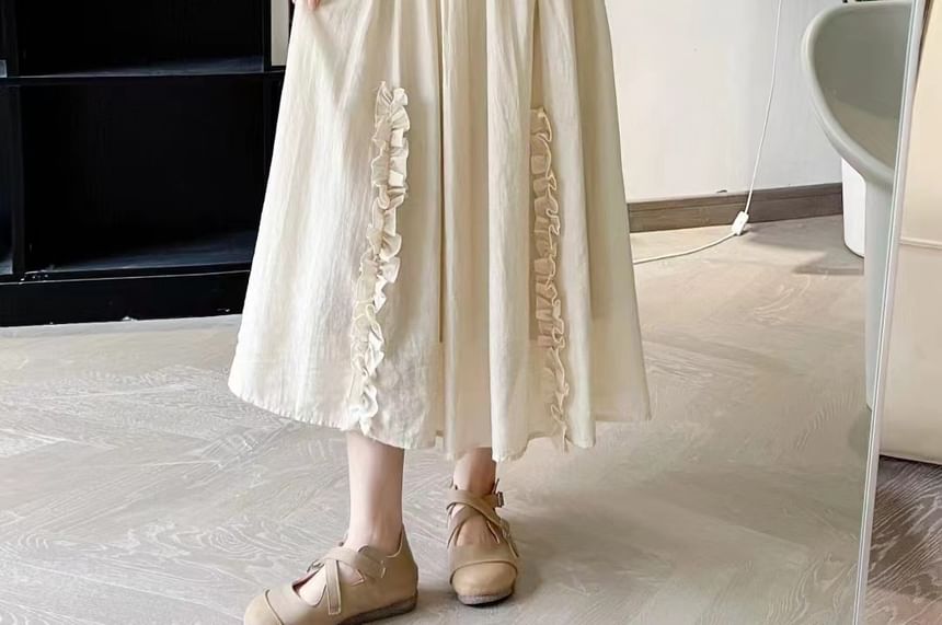 Cap-Sleeve Frill Trim Plain Maxi A-Line Dress
