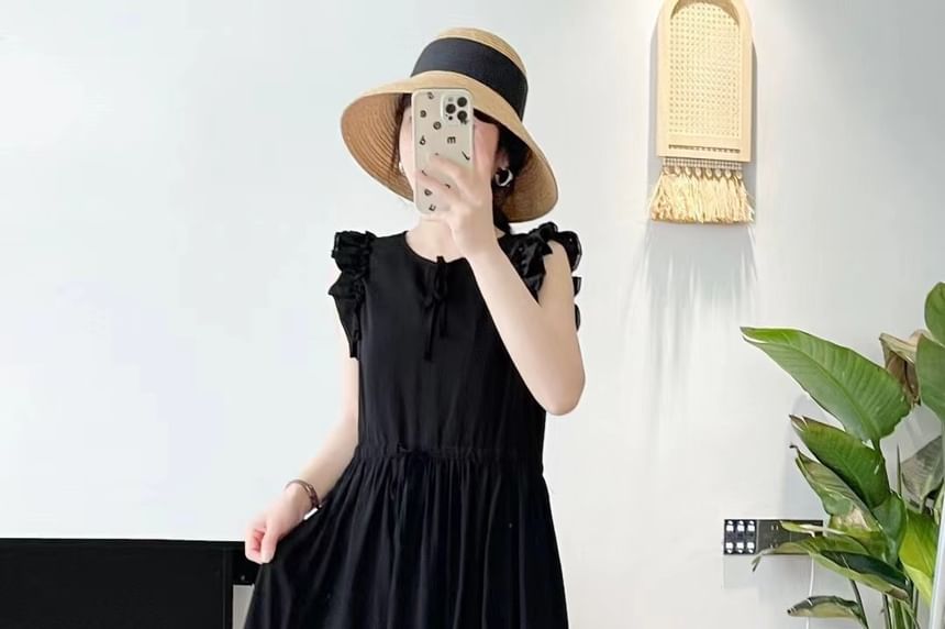 Cap-Sleeve Frill Trim Plain Maxi A-Line Dress
