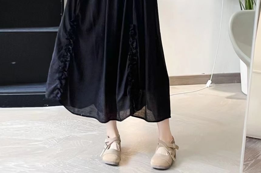 Cap-Sleeve Frill Trim Plain Maxi A-Line Dress