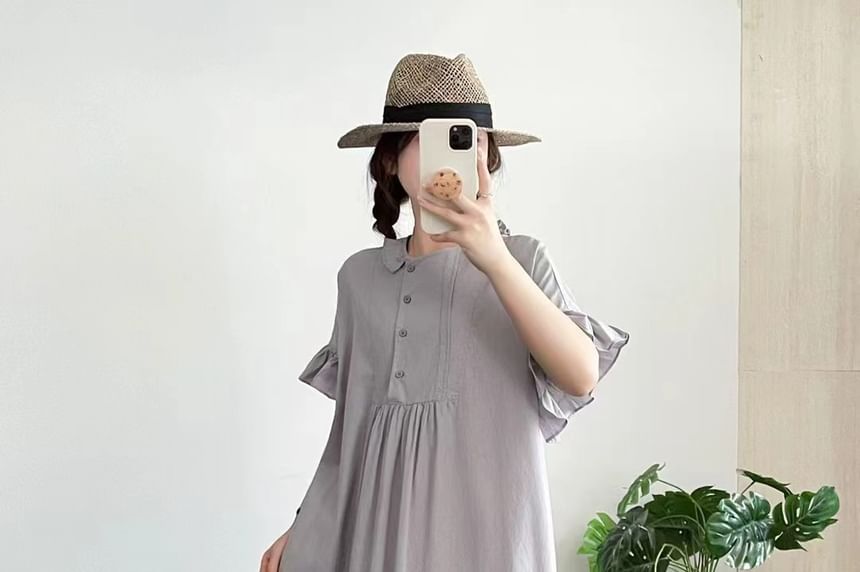 Short-Sleeve Frill Trim Plain Maxi Shift Dress