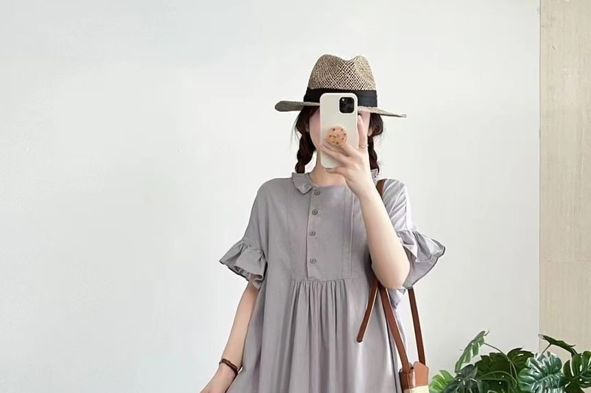 Short-Sleeve Frill Trim Plain Maxi Shift Dress