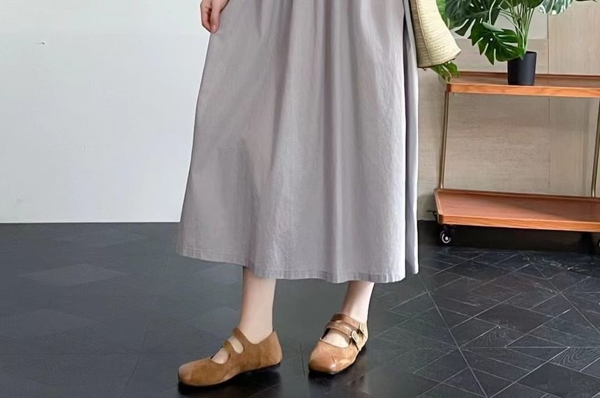 Short-Sleeve Frill Trim Plain Maxi Shift Dress