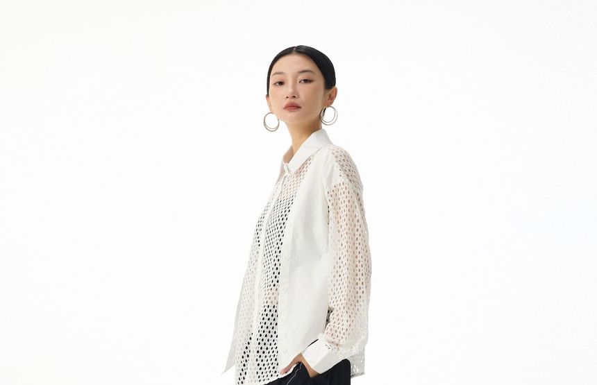 Long Sleeve Collared Plain Panel Mesh Shirt