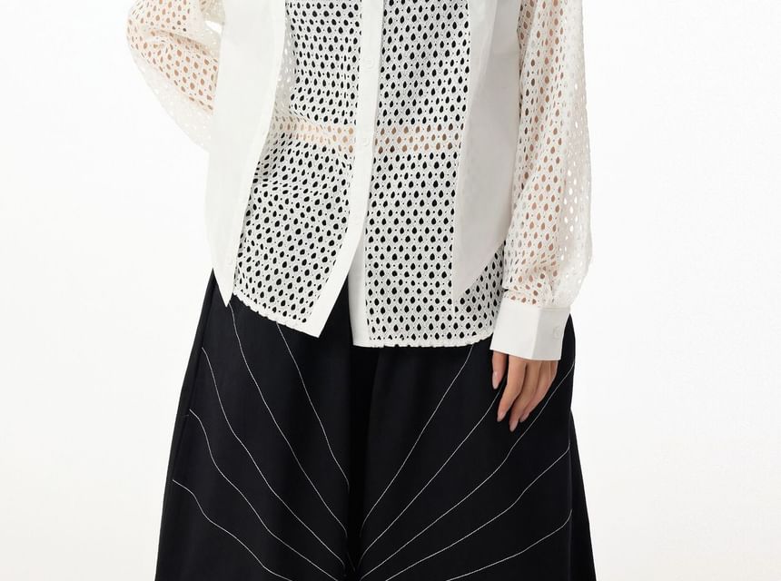 Long Sleeve Collared Plain Panel Mesh Shirt