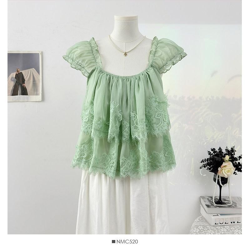 Cap-Sleeve Square Neck Lace Panel Layered Blouse