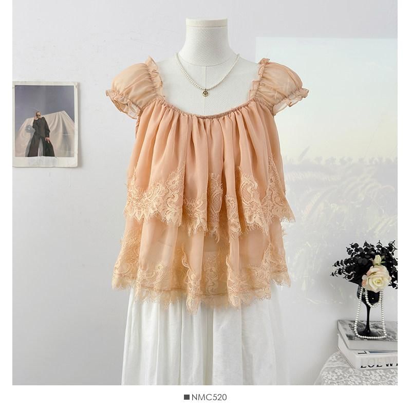 Cap-Sleeve Square Neck Lace Panel Layered Blouse