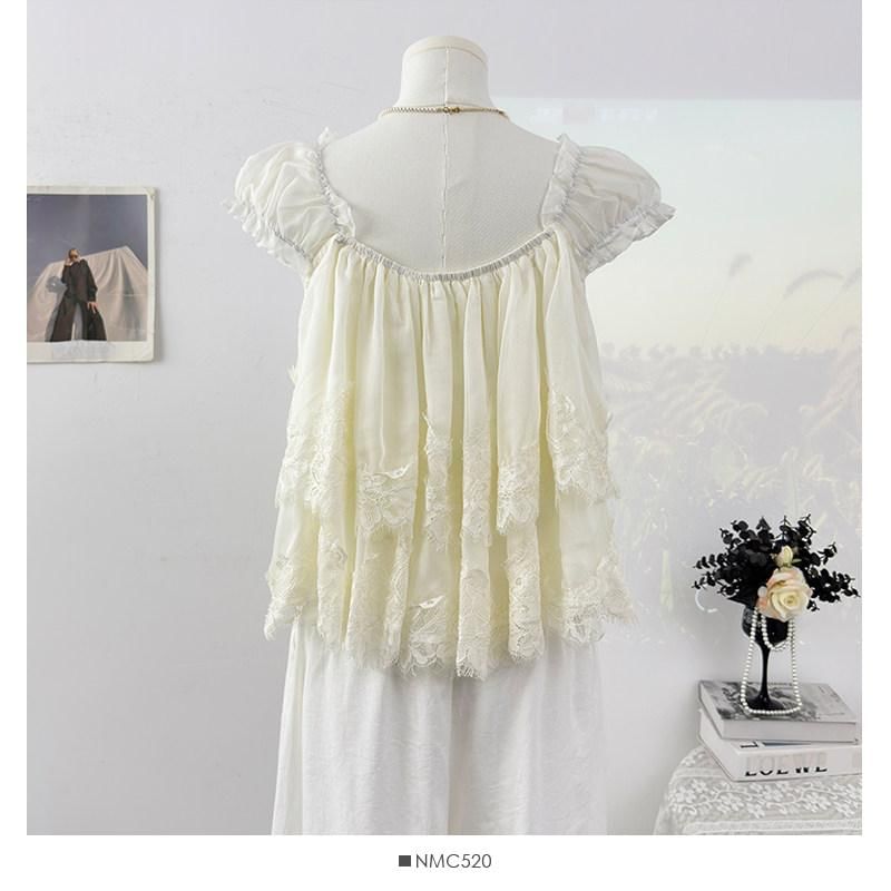 Cap-Sleeve Square Neck Lace Panel Layered Blouse