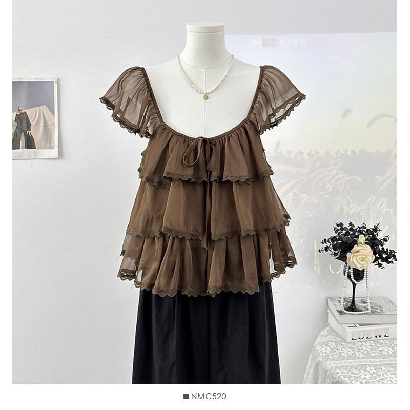 Cap-Sleeve Square Neck Plain Lace Trim Tiered Ruffle Blouse