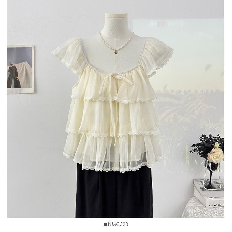 Cap-Sleeve Square Neck Plain Lace Trim Tiered Ruffle Blouse