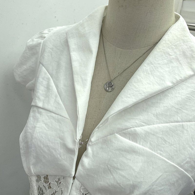 Cap Sleeve Collared Plain Panel Lace Crop Blouse