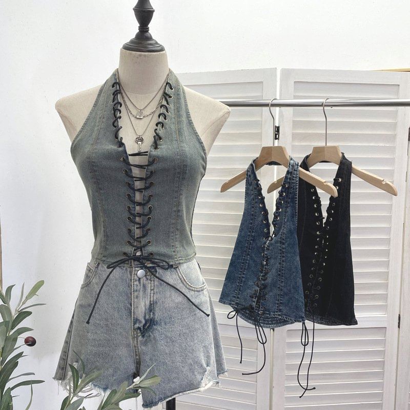 Halter Lace Up Denim Top