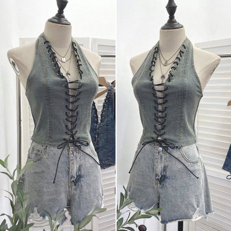 Halter Lace Up Denim Top
